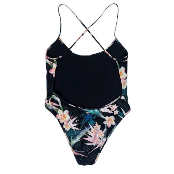 Forever 21 Black Floral One Piece Swimsuit Criss Cross Back Size Large - Picture 2 of 5